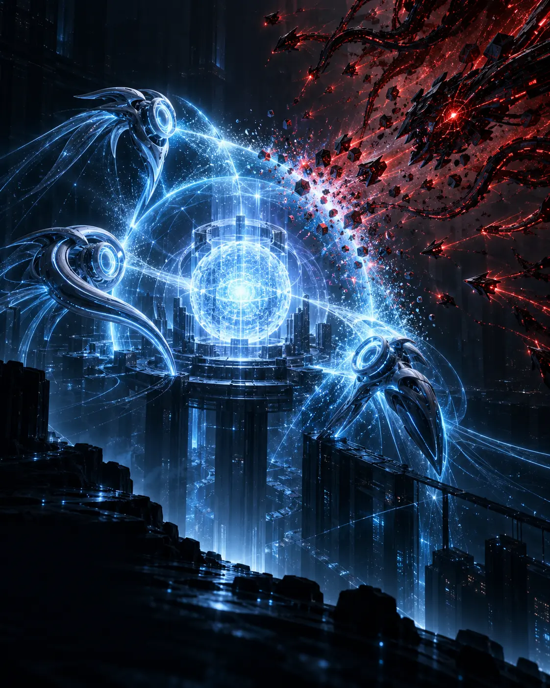 Three coordinated defensive AI agents shielding a trusted intelligence core from a red adversarial swarm